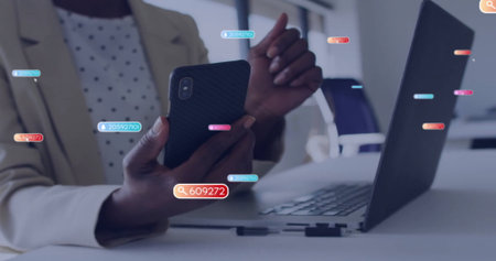 Image of data processing over african american businesswoman using smartphone in office. Global...