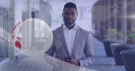 Image of financial data processing over african american businessman in office. Global finance, business, connections, computing and data processing concept digitally generated image.の写真素材