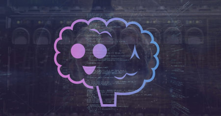 Image of smiling brains over computer language against cable. Digital composite, multiple exposure, artificial intelligence, coding, programming language, futuristic and technology concept.の写真素材