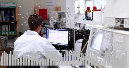 Image of data processing over caucasian male scientist in laboratory. Global medicine, science,...