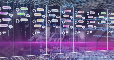 Image of chat boxes with ai texts, computer language and numbers over 3d model of buildings....