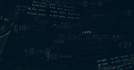 Image of finacial data processing with mathematical equations on black background. Business,...
