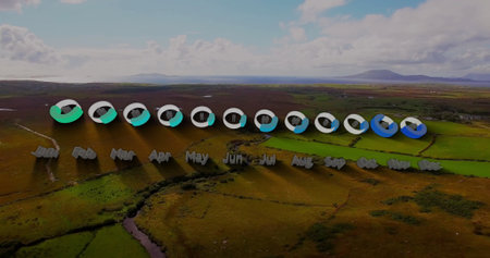 Image of month statistic charts over canyons and mountains. Nature, global finance, statistics, computing and data processing concept digitally generated image.の写真素材