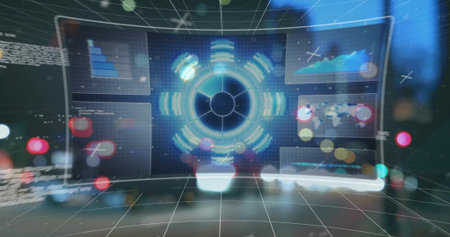 Image of scanners and data processing on screens over bokeh city lights at night. Data, connection,...