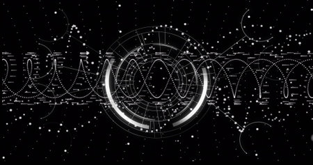Image of scope scanning and data processing over black background. Global finance, business,...