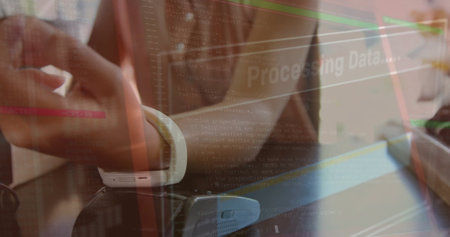 Image of data processing over biracial woman paying with smartwatch. Global contactless payment, connections, cloud computing and data processing concept digitally generated image.の写真素材