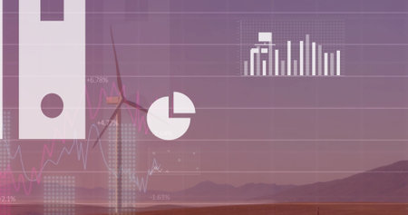 Image of cloud icon and data processing over wind turbine. Global wind energy, finance, business, connections, cloud computing and data processing concept digitally generated image.の写真素材