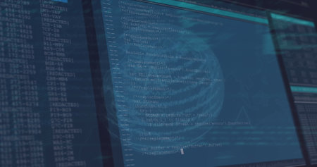 Image of financial data processing over blue screens on dark background. Global business, finances, computing and data processing concept digitally generated image.の写真素材