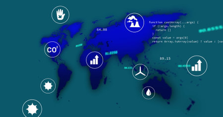 Image of eco icons and data processing and world map over blue background. Global business, finances, computing and data processing concept digitally generated image.の写真素材