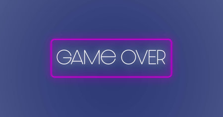 Image of game over text over neon frame and blue background. Global image game, digital interface, communication, computing and data processing concept digitally generated image.の写真素材