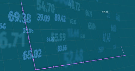 Image of financial data processing over blue background. Global business, finances, computing and data processing concept digitally generated image.の写真素材