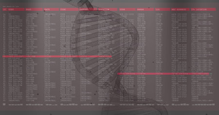 Image of dna strand and digital data processing over screen. Global business, finances, computing...