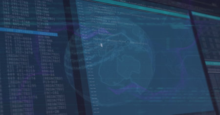 Image of financial data processing over blue screens on dark background. Global business, finances,...