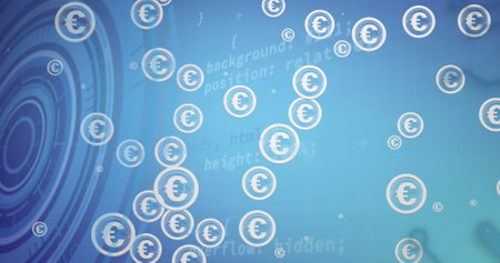 Image of euro currency signs in circles and computer language on blue background. Digitally generated, coding, programming, finance, economy, futuristic, technology.の写真素材