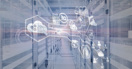 Image of network of digital icons and data processing over servers. Global business, finances,...