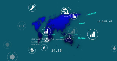 Image of eco icons and data processing and world map over blue background. Global business, finances, computing and data processing concept digitally generated image.の写真素材