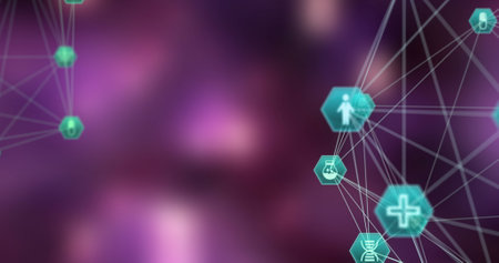 Image of network of connections with medical icons over purple background. Global medicine, computing and data processing concept digitally generated image.の写真素材