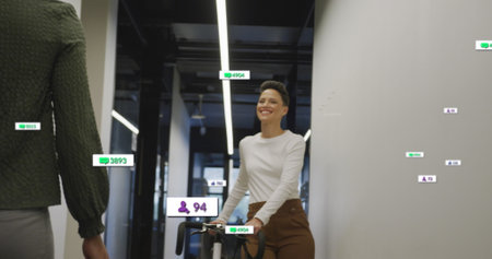 Image of social media data processing over diverse business people in office. Global social media,...