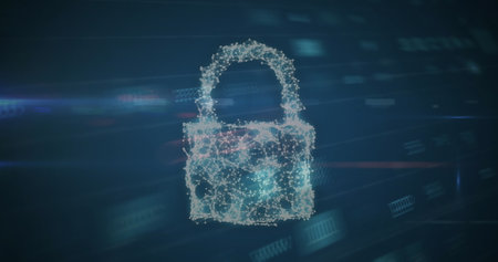 A digital lock icon composed of interconnected points and lines is glowing. The background features...