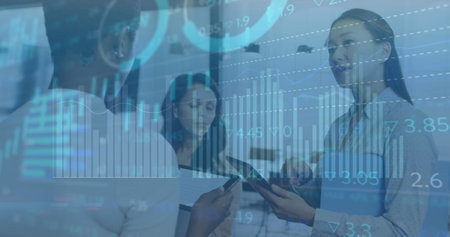 Image of financial data processing over diverse business people in office. Global business,...