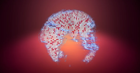 Image of data processing over globe and orange background. Global business, finances, computing and data processing concept digitally generated image.の写真素材