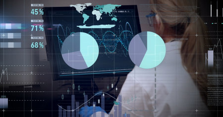 Image of scientific data processing over caucasian female scientist with computer in laboratory....