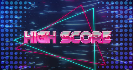 Image of high score text on triangular banner and blue light trails spinning in seamless pattern. image game and entertainment technology conceptの写真素材