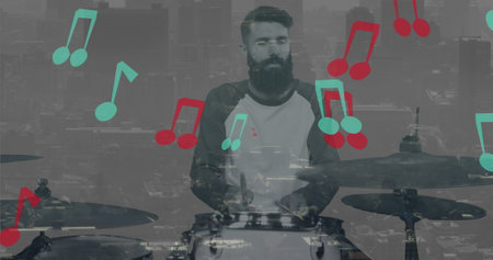 Image of notes and cityscape over silhouette of caucasian male drummer playing. Art, music and...