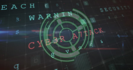 Image of round scanner over cyber security data processing against black background. Cyber security...