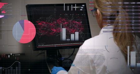 The rear view of a doctor looking at a dna molecule on a computer in a hospital is shown. Global business finances connections and digital interface concept digitally generated image.の写真素材