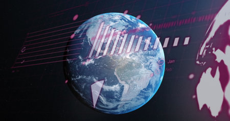 Image of statistical data processing against spinning globe in space. Global networking and business...