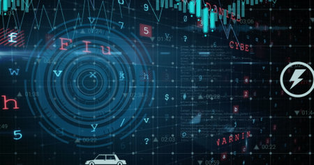 Image of digital icons and round scanner against cyber security data processing. Cyber security and...