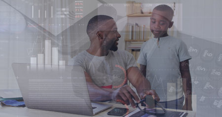 Image of statistical data processing over african american man talking to his son while working. Fatherhood and lifestyle conceptの写真素材
