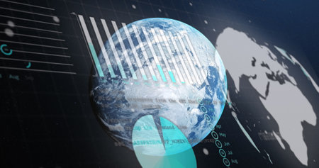 Image of statistical data processing against spinning globe in space. Global networking and business data technology conceptの写真素材