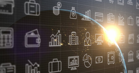 Image of interface with digital icons against spinning globe and light spot in space. Computer interface and business technology conceptの写真素材