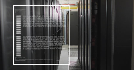 Image of screens with programming language moving over data server racks. Digital composite,...