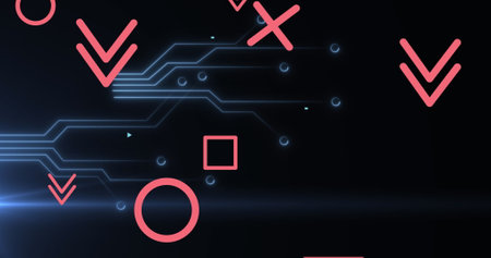 Image of red geometric shape with circuit board pattern over black background. Digitally generated,...