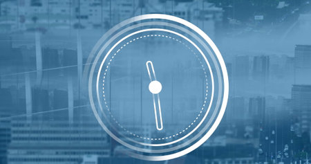 Image of ticking clock icon against view of tall building. Computer interface and business...