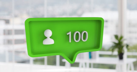 Image of icon and changing numbers in speech bubble over modern city against glass window. Digital...