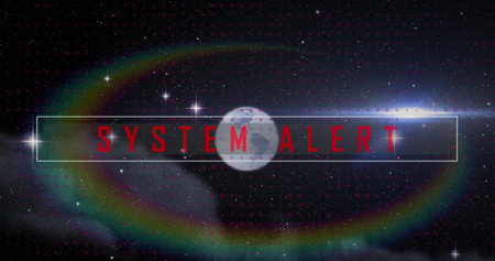 Image of system alert in bar with dots on rotating globe over lens flares in space. Digitally...