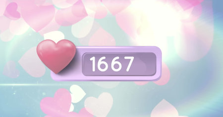 Image of heart shape, changing numbers in notification bar over hearts on abstract background....