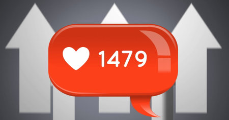 Image of heart shape and changing number in notification bar over arrows on gray background....