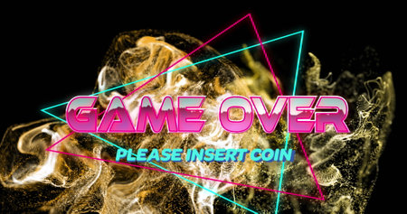 Image of game over text banner over golden digital wave against black background. image game interface and technology conceptの写真素材