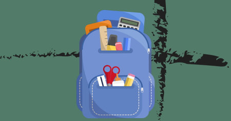 Image of school bag icon floating against cross stripes on green background with copy space. School...