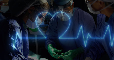 Image of heart rate monitor against team of diverse surgeons performing surgery at hospital. Medical...