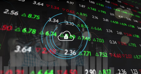 Image of stock market data processing against tired caucasian man working late at office. Global...