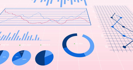 Image of multiple graphs, changing numbers and loading circles over pink background. Digitally generated, hologram, illustration, growth, progress, report, abstract and business concept.の写真素材