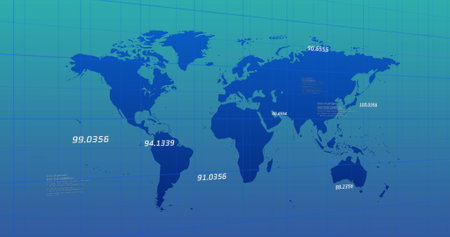 Image of numbers over grid pattern and computer language against map on blue background. Digitally...