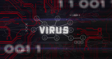 Image of virus text, binary codes over connected icons against circuit board pattern. Digitally generated, hologram, illustration, communication, coding, power supply and technology concept.の写真素材