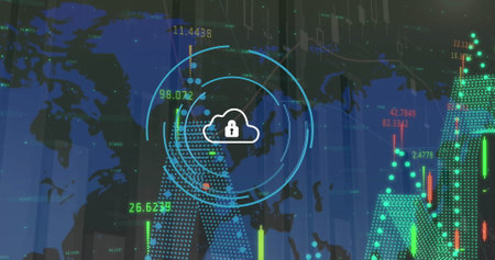 Image of security padlock icon over statistical and financial data processing on grey background....